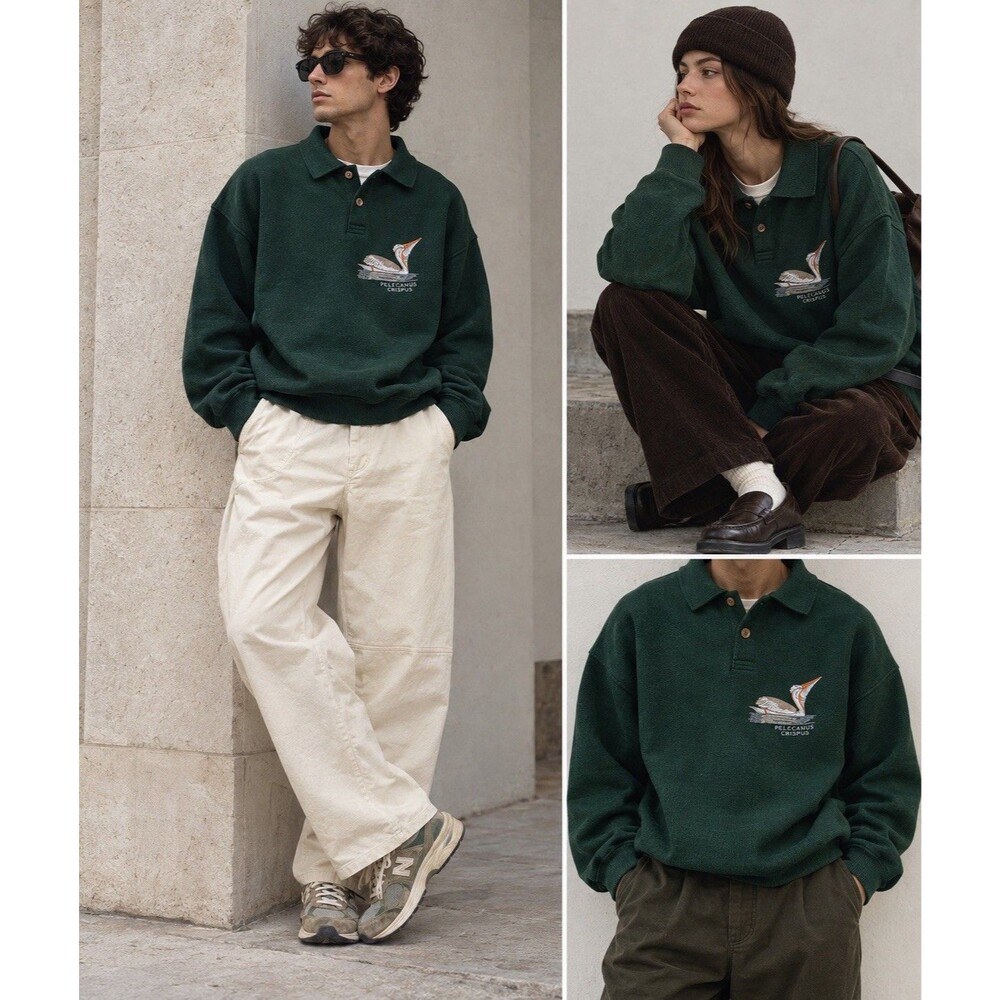 Vintage Corona Italy Pelican Embroidered Polo Sweatshirt Green Oversized 90s